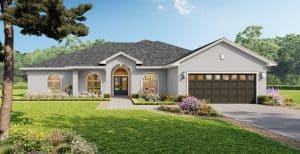 A 3-bedroom, 2-bathroom single-story gray stucco house with a dark gray shingled roof, an arched entryway, and a two-car garage. Townsley Construction in Florida